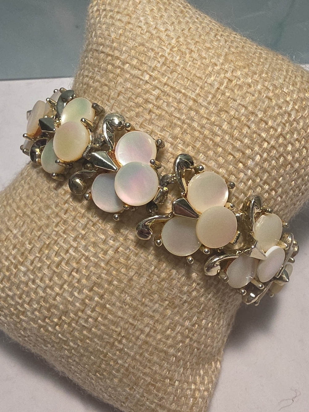 Iridescent Mother-of-Pearl Floral Bracelet - Gold Tone